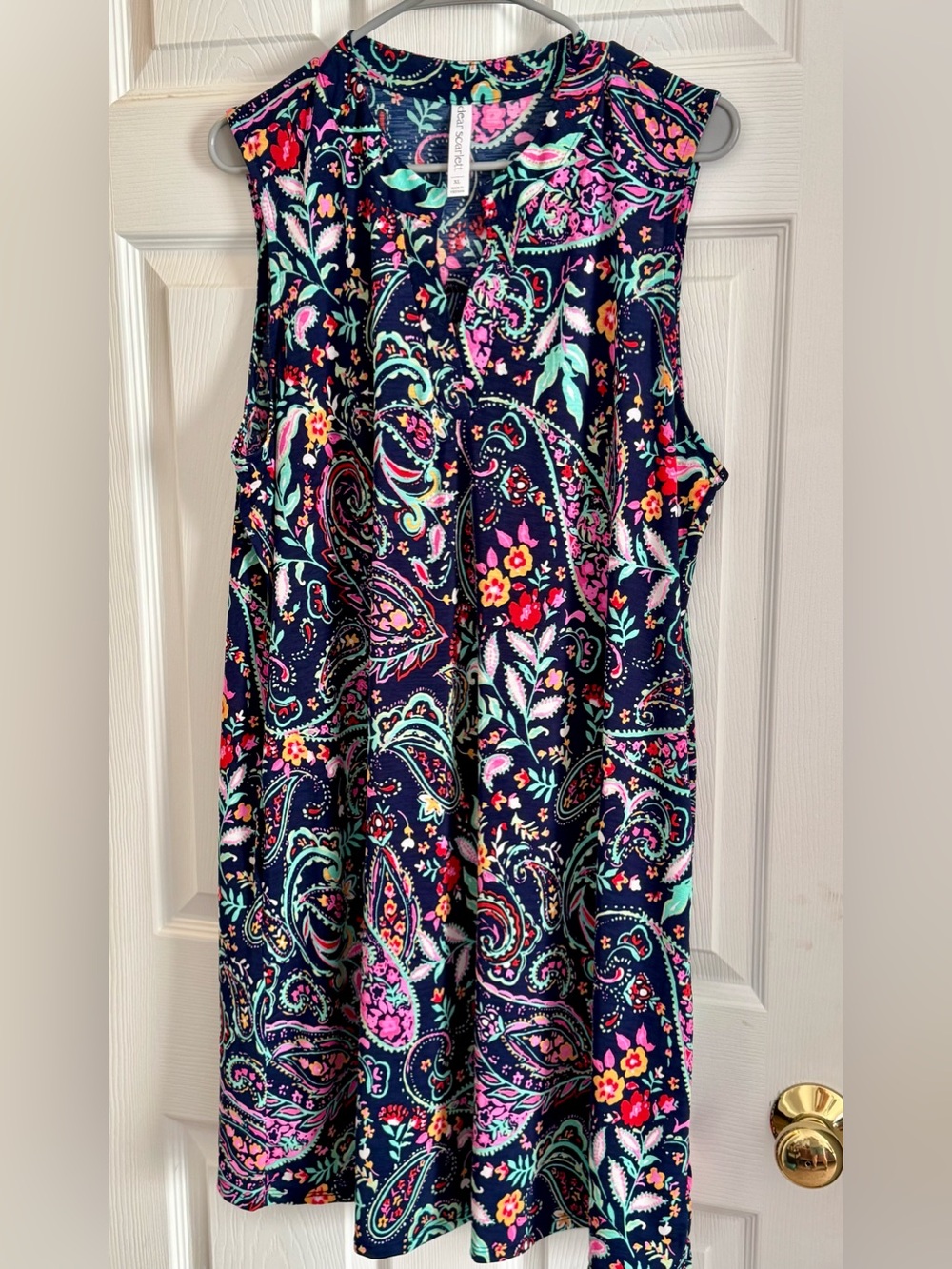 Dear Scarlett Navy Floral Paisley Sleeveless Dress with Mint and Pink Accents